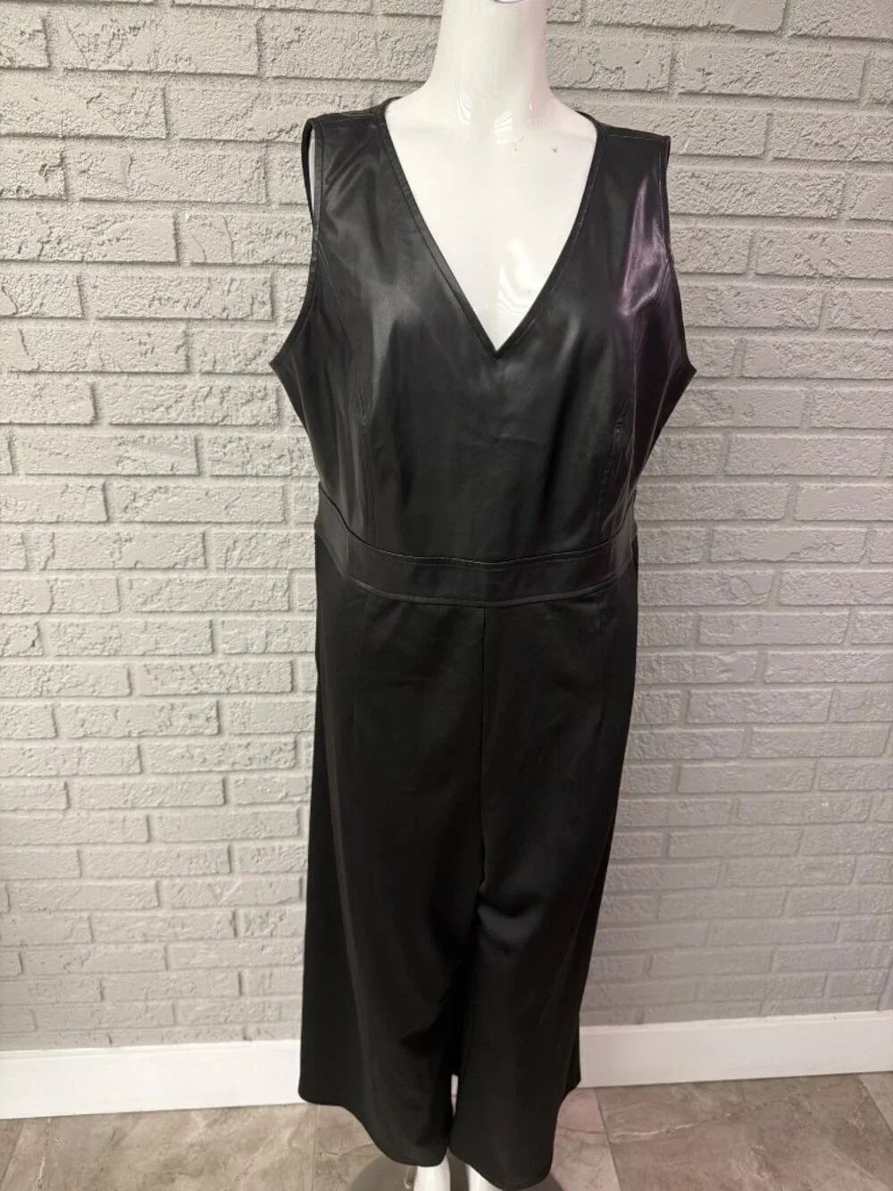 Bloomchic Women's Black Faux Leather Knit Wide Leg Jumpsuit Size 14-16